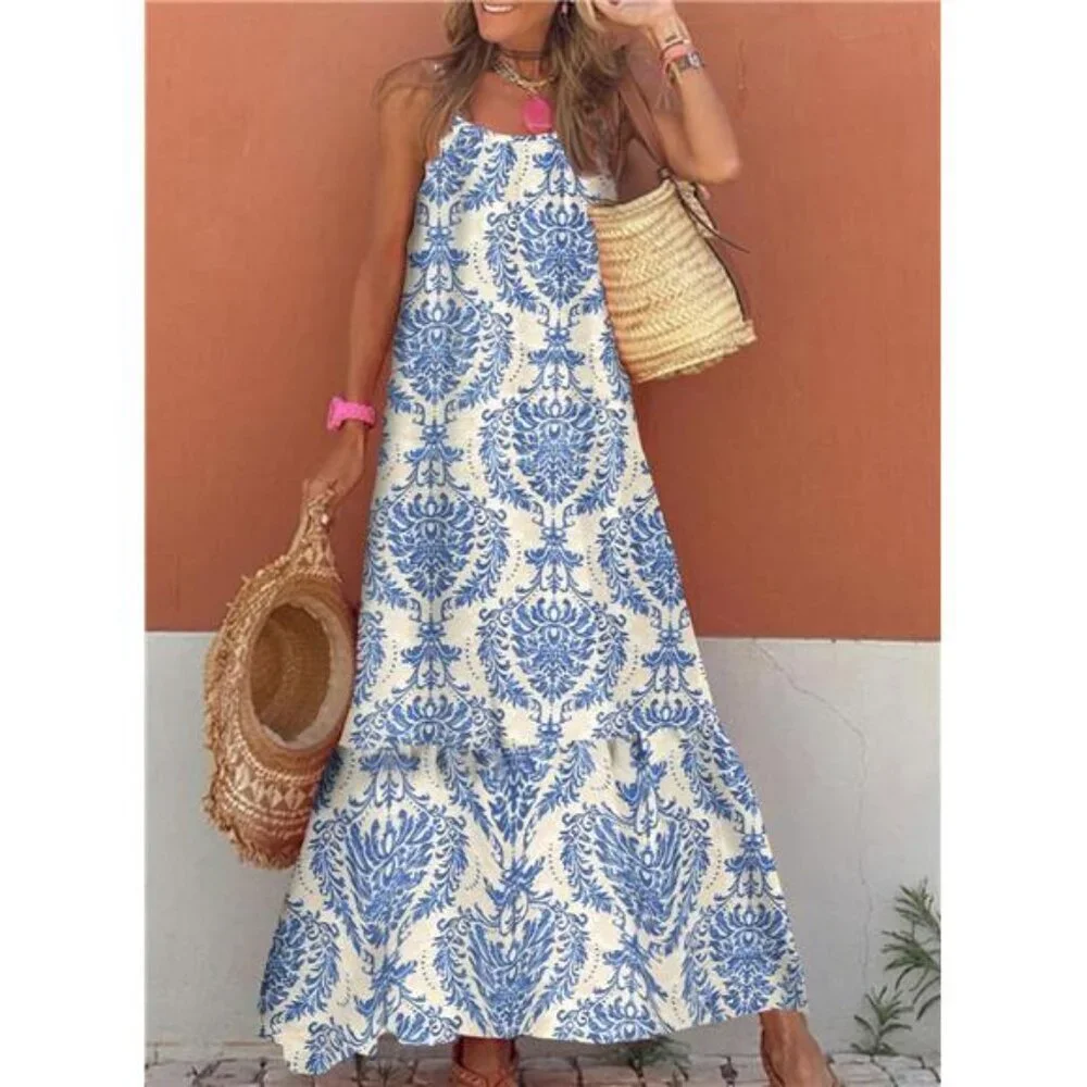 Summer Maxi Dress Boho Flowy Ruffle Smocked Spaghetti Strap Scoop Neck - Picture 4 of 6